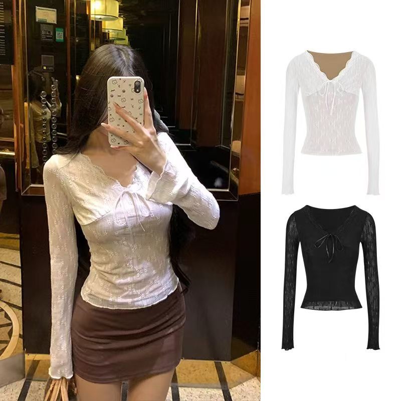 Ashmi Pure Desire Sexy Bow V-Neck Lace Blouse, Comfortable Waist-Cinching Versatile Short Hot Girl Long Sleeve Top for Women