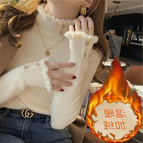 [シープカシミア] カシミアレディースセーター、ハーフタートルネック、ベルベット厚手セーター、暖かいオールインワンベルベットインナー、ウールボトムシャツ