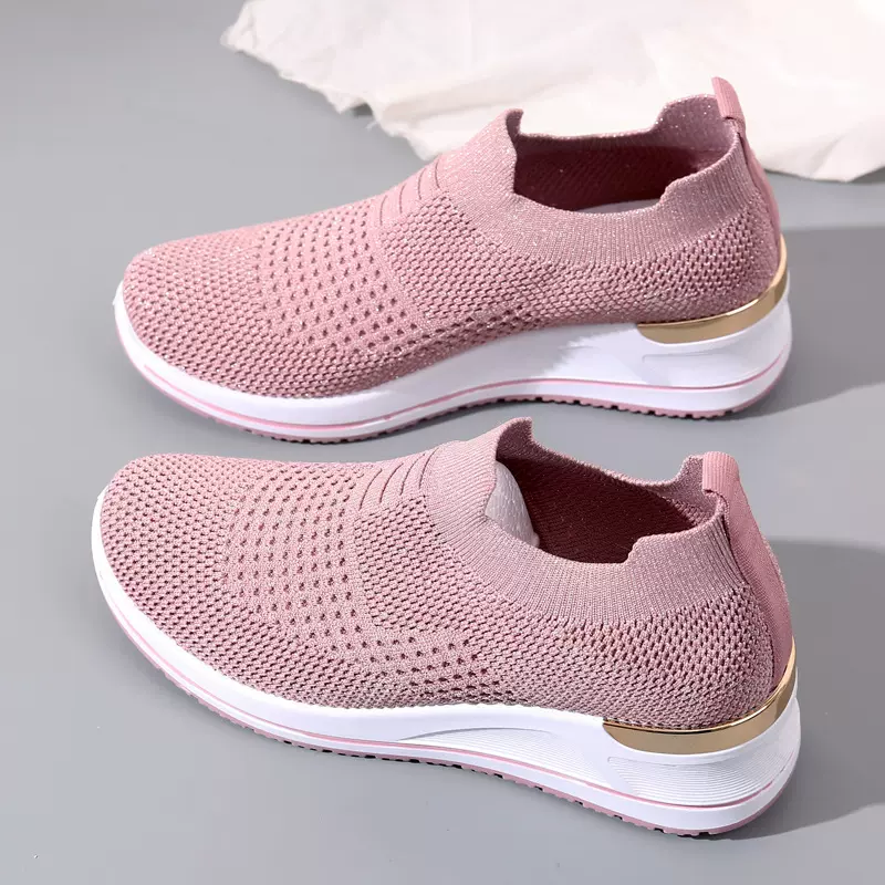 运动鞋女百搭厚底透气休闲单鞋坡跟女鞋飞织网面鞋一脚蹬舒适百搭