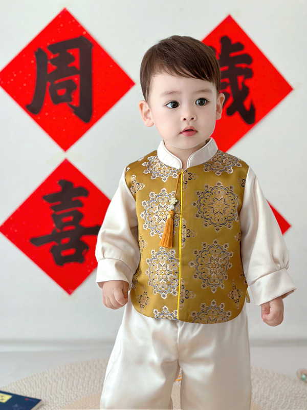 新中式提花仿宋锦面料国风汉服上衣服装面料金色团福周岁服抓周服|undefined