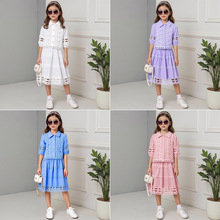 欧美跨境女小童春夏秋季蕾丝花边袖裙子连衣裙时尚两件套工厂直销