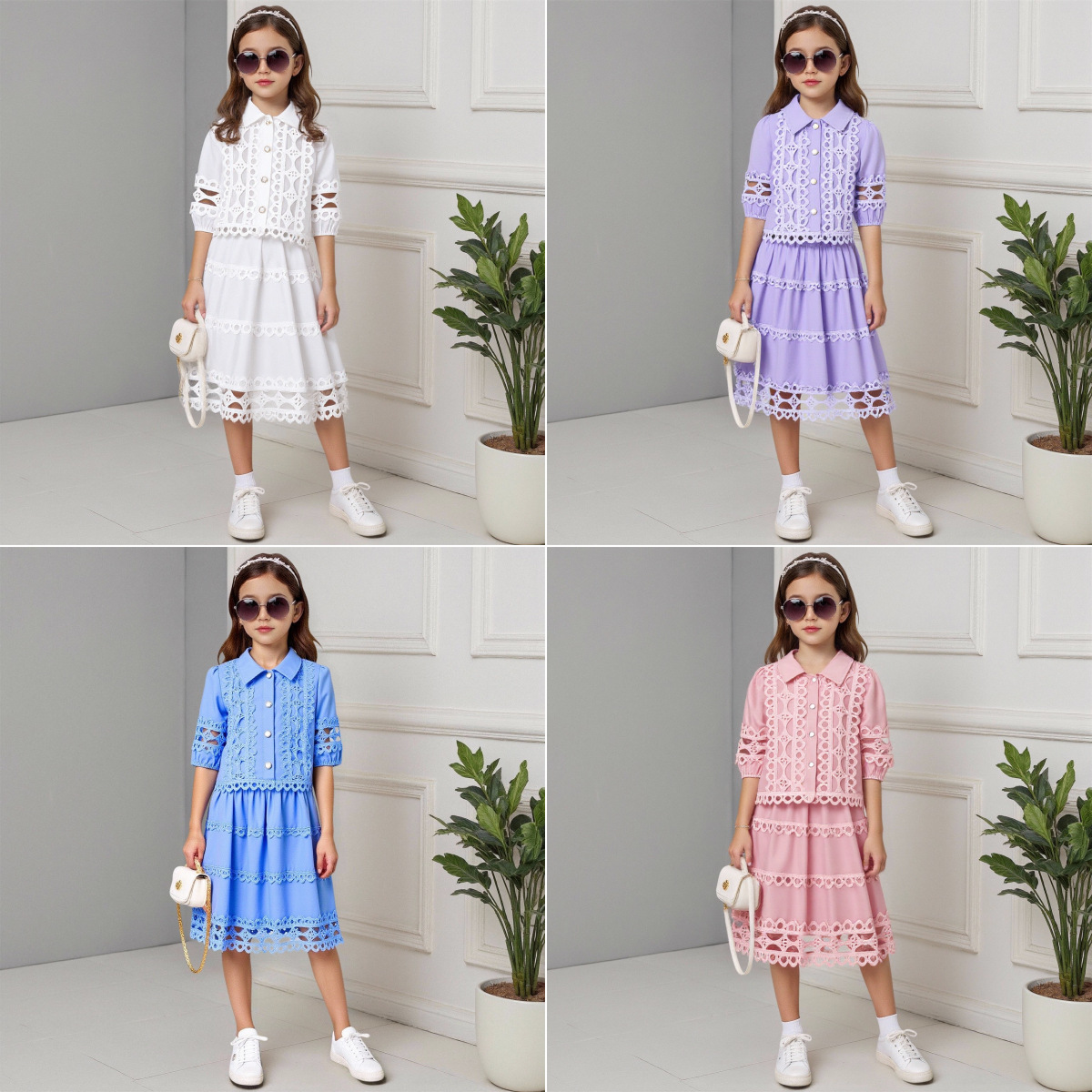 欧美跨境女小童春夏秋季蕾丝花边袖裙子连衣裙时尚两件套工厂直销