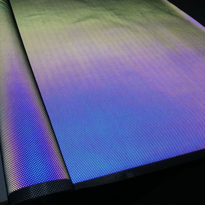 蓝紫光反光复合网布表演个性服装用反光面料耐磨七彩印花反光网布