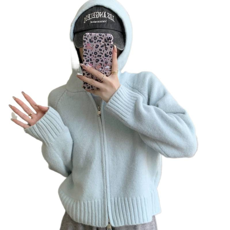 Coreana doble cremallera con capuz de punto Cardigan de mujer otoño invierno exterior diseño sensación perezosa suave abrigo de suéter de aire