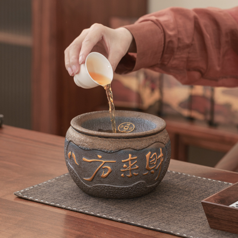 清澜粗陶建水茶渣缸复古风特大号过滤茶渣桶带盖陶瓷功夫茶洗水盂|undefined