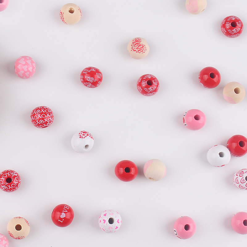 Productos para bebés Dibujos animados Madera Día de San Valentín 16mm Cuentas de madera DIY Creativa Cadena de chupete Pulsera Pulsera Pequeño accesorio