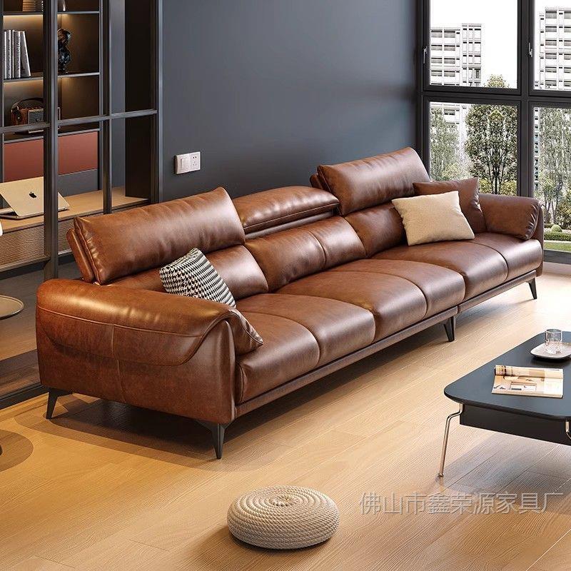 Italian Minimalist Genuine Leather Sofa for Living Room, Modern Minimalist Light Luxury Internet Celebrity Straight Row Elephant Ear Oil Wax Leather Sofa