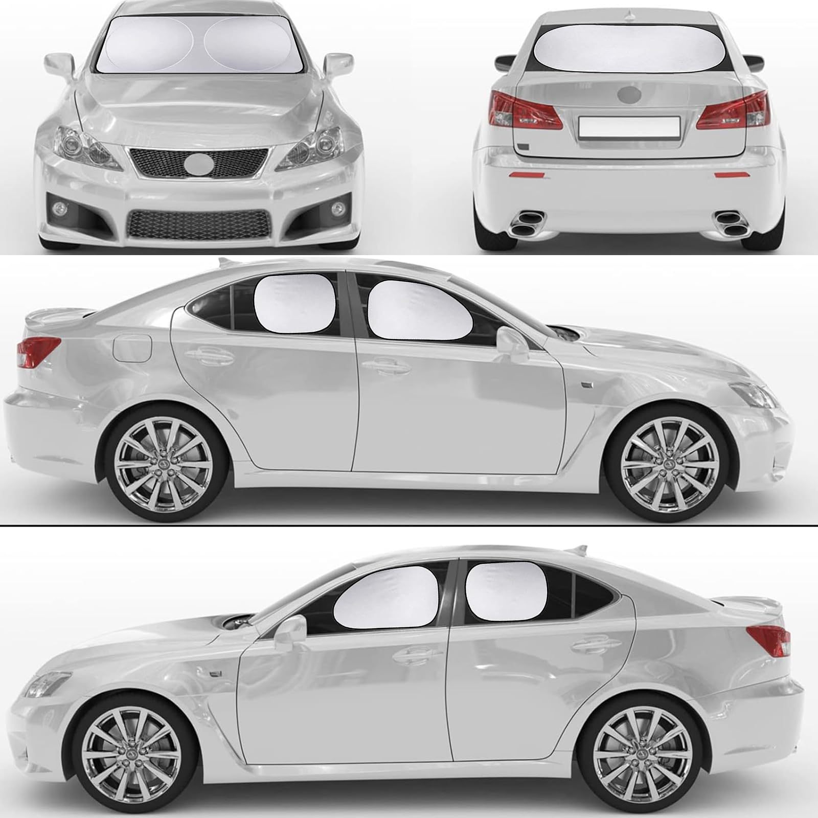 Universal Suction Cup Type Front and Rear Side Windshield Sunshade and Heat Insulation Silver-Coated Set for All-Season Car Sun Protection