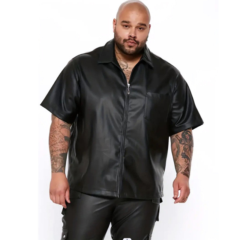 Cross-Border New plus size fashion casual short-sleeved cardigan zipper men's leather jacket