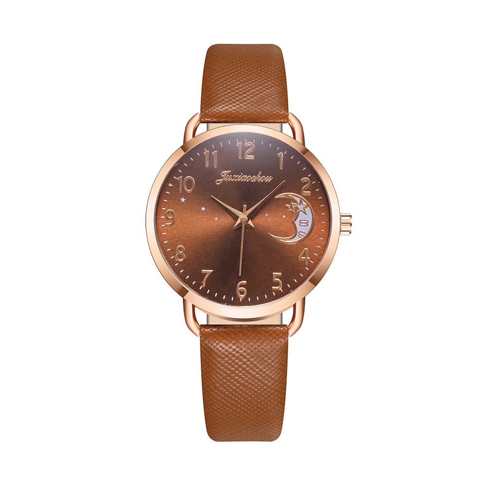 new hot women's personality quartz watch set Pu with moon pattern dial with calendar_voghion.com