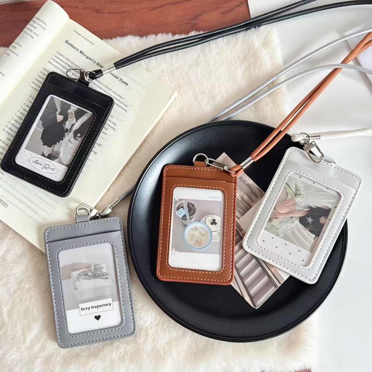 Minimalist Korean-style dual-card slot leather lanyard card holder for office workers, access cards, student campus meal cards, and transportation cards