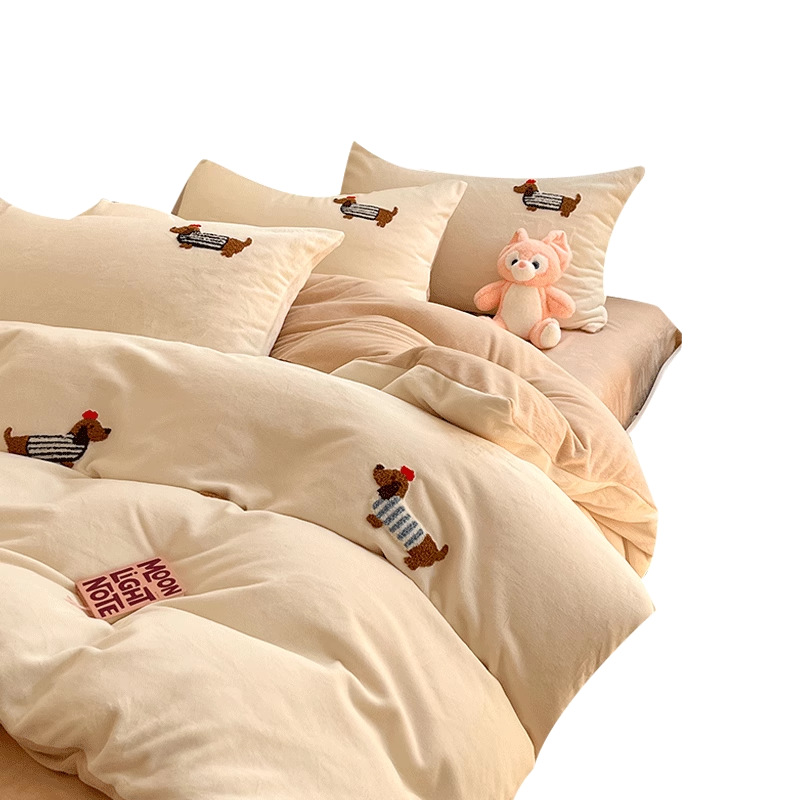 Otoño e invierno engrosado toallas cálidas bordadas de leche de lana cama conjunto de cuatro piezas 2025 nueva sábanas de lana de coral de dibujos animados cubierta