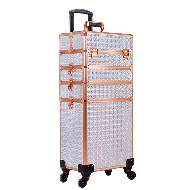Caja de maquillaje de varilla de tracción con rodillos de almacenamiento móviles para maquillaje multicapa portátil de manicura, peluquería, caja de herramientas de bordado
