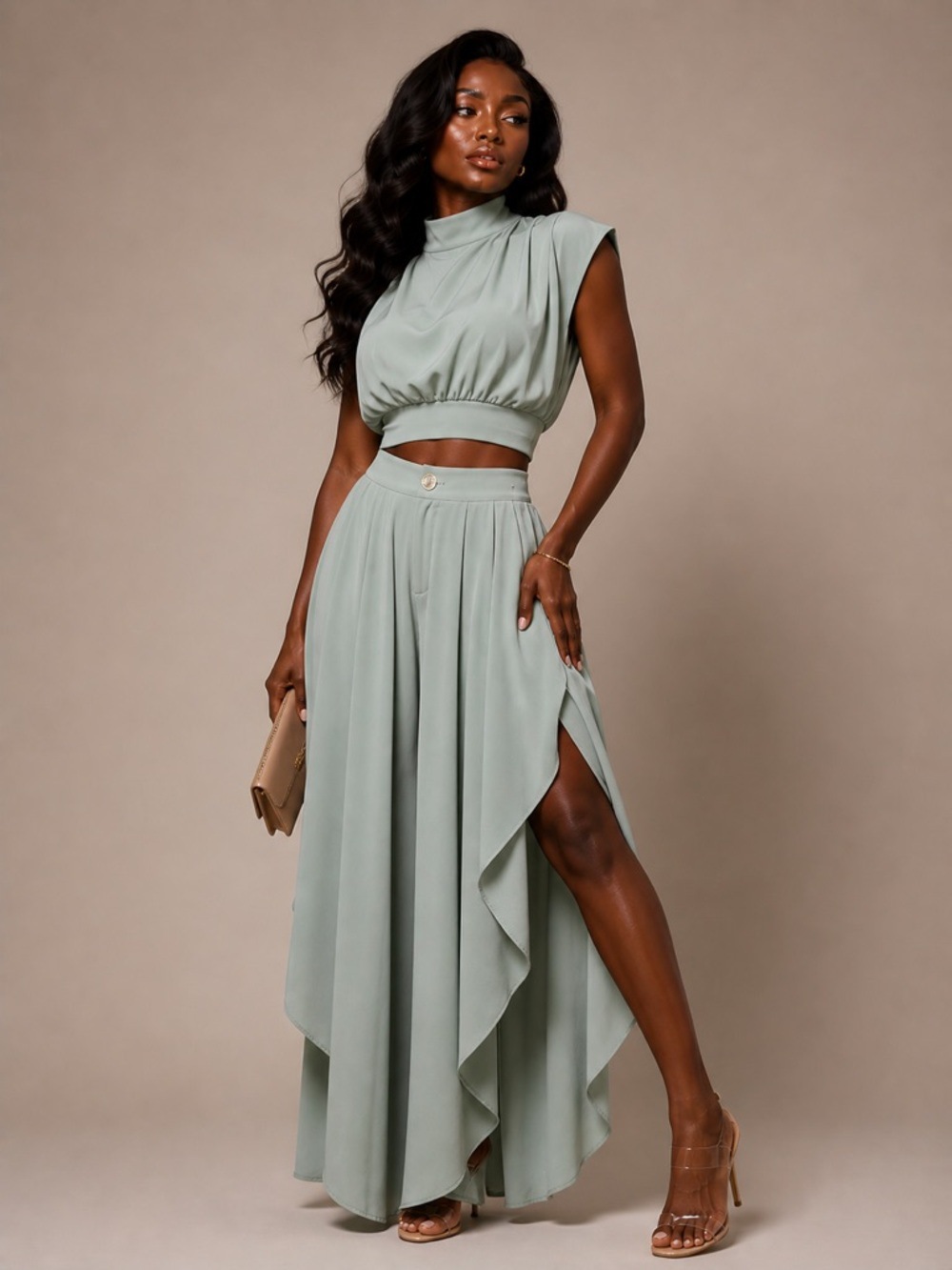 French Style Women's Niche Sleeveless Two Piece Set High Neck Cropped Top Irregular Ruffles Wide Leg Pants_ecoleips.com