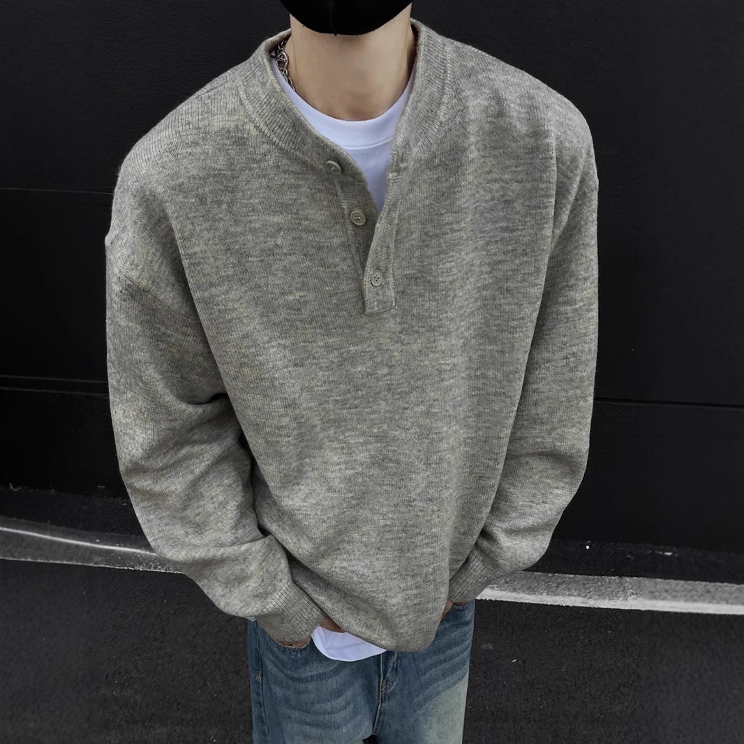 미국 스타일 잘생긴 헨리 칼라 스웨터 남성 2024년 신상 가을 겨울 게으른 늙은 돈 스타일 니트 스웨터 스웨터 재킷