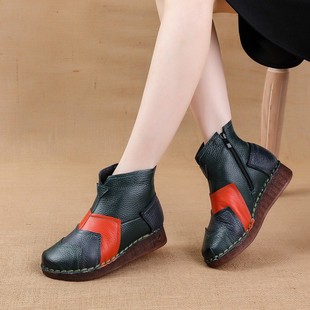 Autumn and Winter New Style Top-layer Cowhide Flat-soled Cowbone-soled Ankle Boots Casual Genuine Leather Color-block Women's Boots Warm and Comfortable Cotton-padded Shoes for Women