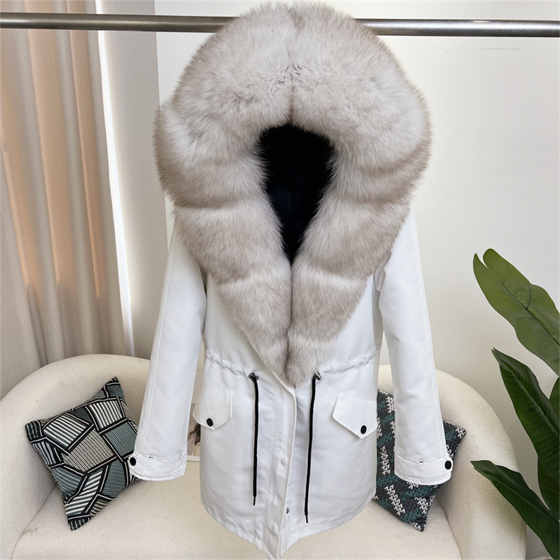 Damenbekleidung Abnehmbarer Parka aus Fuchspelz Mittellanger Kapuzenmantel_voghion.com