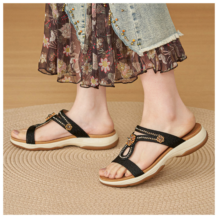 Dép sandal nữ quai chữ V đế xuồng thêu điện bohemian — Champagne màu, màu đen, màu hồng chi tiết 18