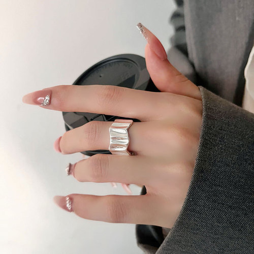 GanJia S925 Pure Silver Wide Wave Ring Unisex Band Neutral Style Personality Super A Niche Index Finger Accessory Trend