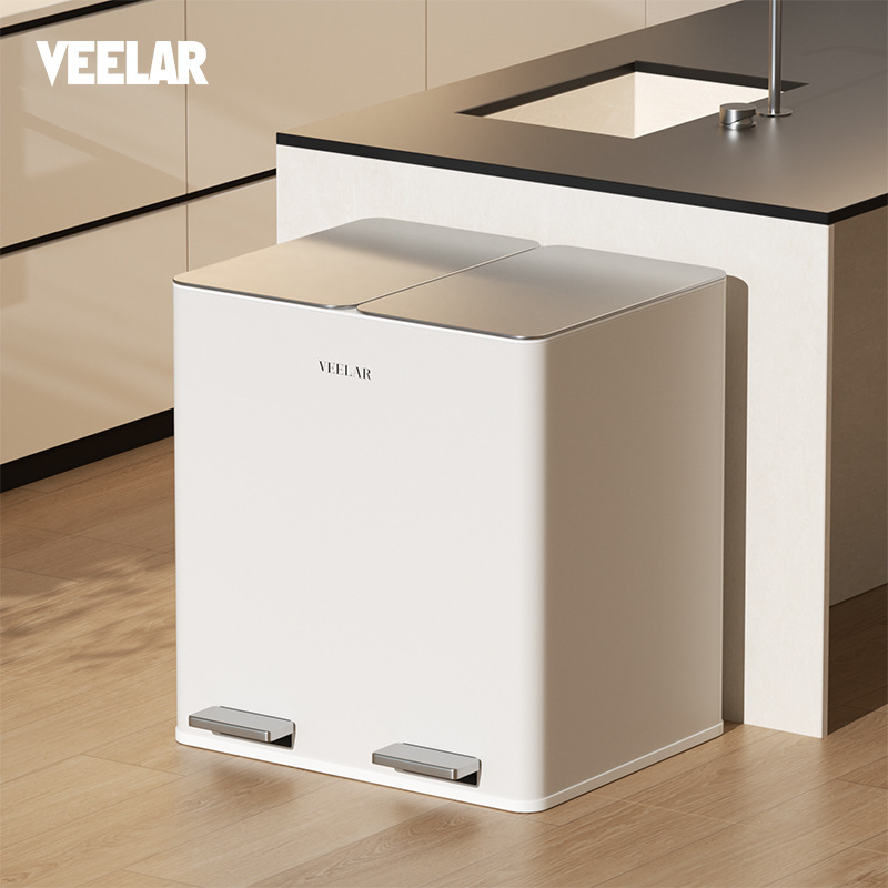 VEELAR Kitchen Sorting Trash Bin Household Dry and Wet Separation Stainless Steel Foot Type Double Bucket with Lid Large Capacity