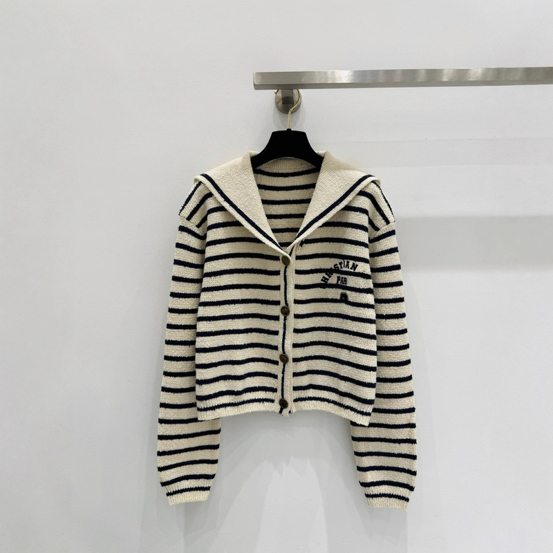 Shenzhen Nanyouhuo D Brand ~ Top ~ Level Version 25 Early Autumn New Navy Collar Contrast Black and White Stripesd Knitted Cardigan