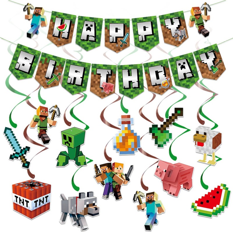 新しい Minecraft 誕生日パーティー装飾バナーゲームテーマピクセルバトル誕生日装飾スパイラルペンダント|undefined