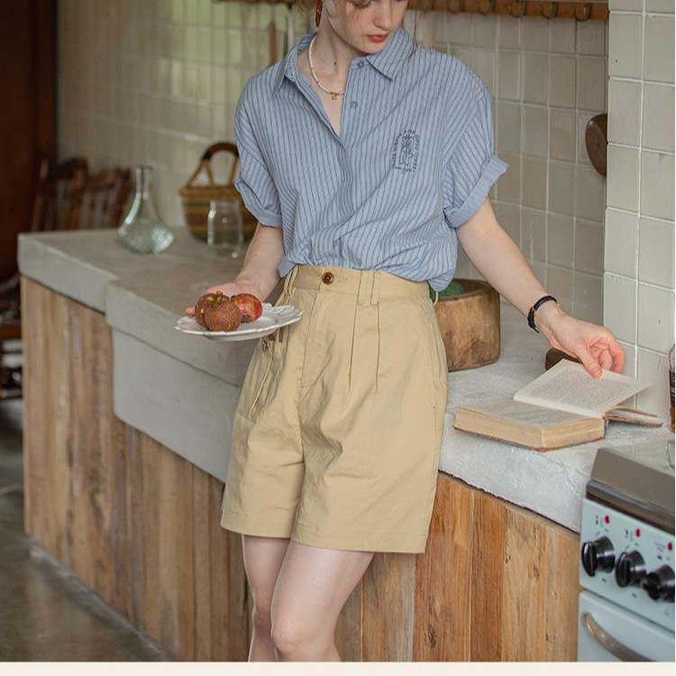 Dailyart French Blue Shirt Top Women's Summer Vintage Embroidered Casual All-match Short-sleeved Striped Spring Shirt