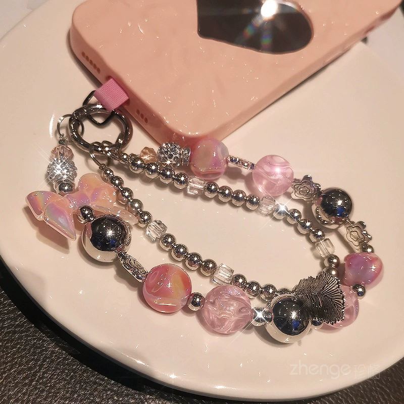 Phone Strap Beaded Chain, Handmade Woven Charm with Bow, Short 2-Sided Decorative Strap