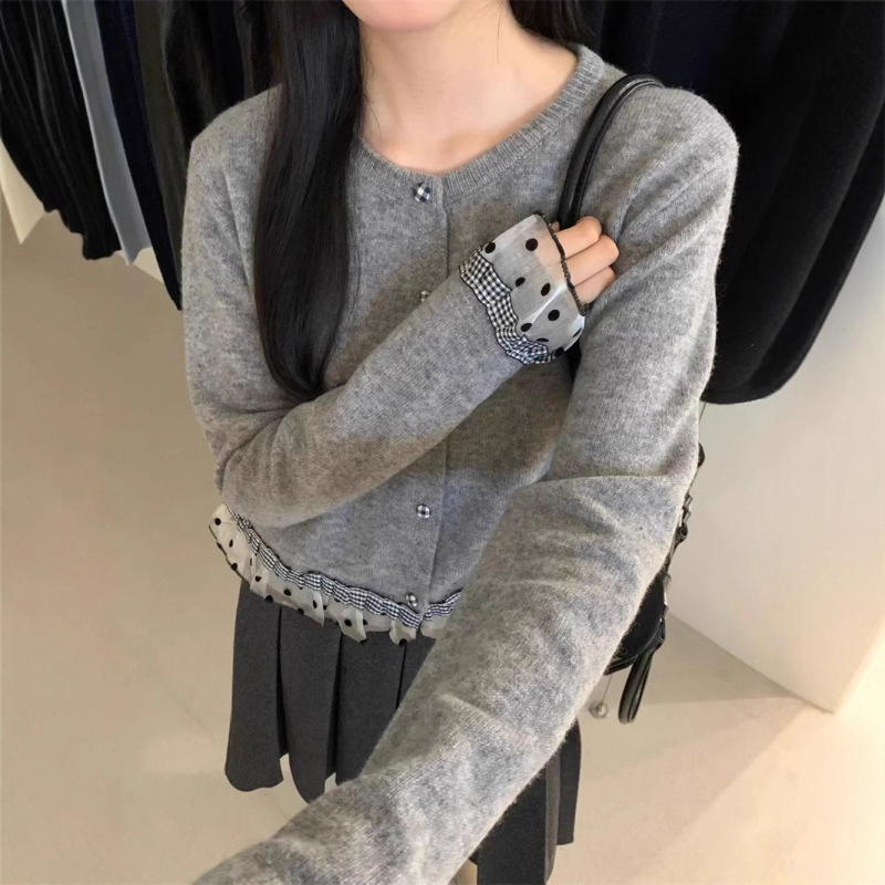 韩系甜美蕾丝拼色毛衣女针织衫开衫秋冬宽松慵懒风气质短款上衣女|undefined