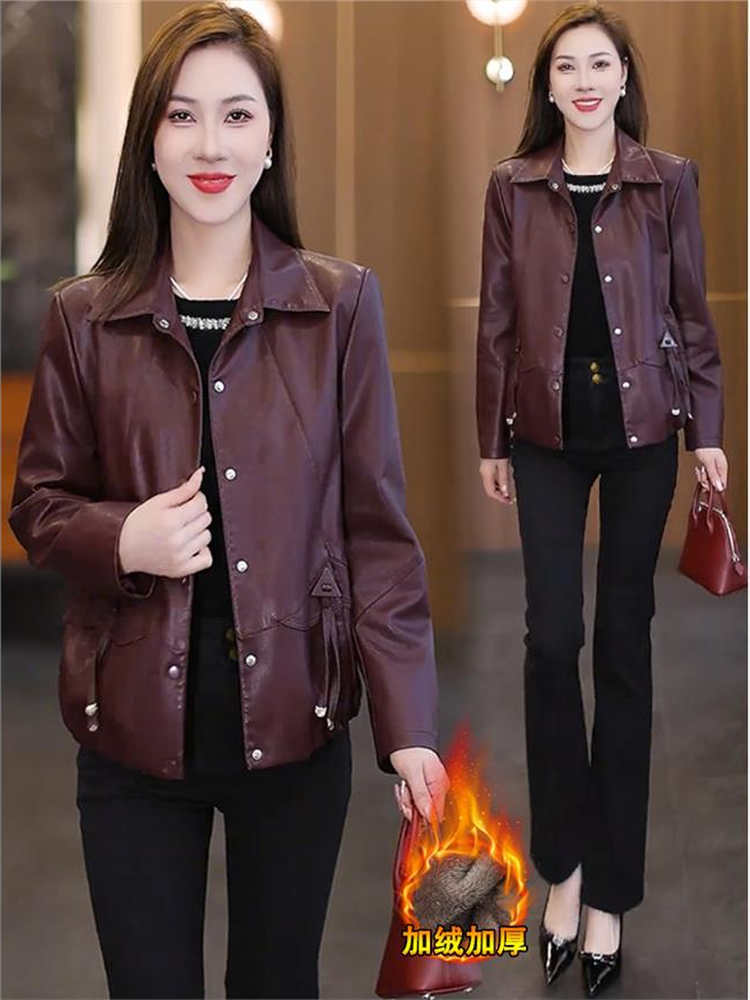Fleece-Lined Thick Leather Jacket for Women 2025 Autumn and Winter New Stylish Loose Slimming Warm Versatile Casual Leather Jacket