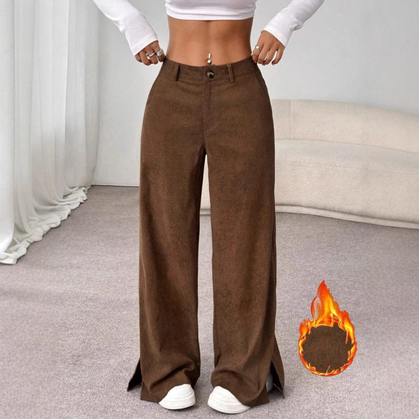 2025亚马逊跨境欧美秋冬休闲时尚灯芯绒中腰开叉宽松直筒及地长裤