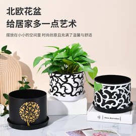 工厂经典膜内贴绿植塑料花盆花园园艺花盆阳台装饰摆件带托盘