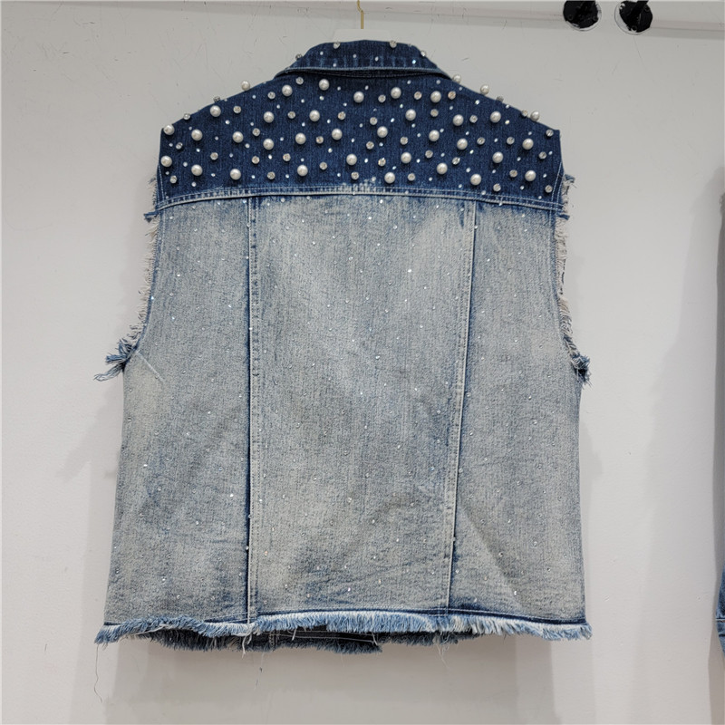 Estación Europea 2023 primavera y verano nueva moda gradiente uñas perla Denim Chaleco de las mujeres sueltas todo fósforo abrigo chaleco moda