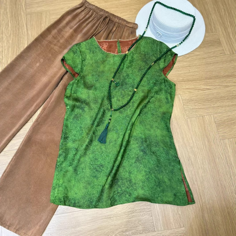 New Chinese Style Xiangyunsha Rayon Shirt for Women New National Style Lace Collar Short-Sleeved Shirt Top for Women