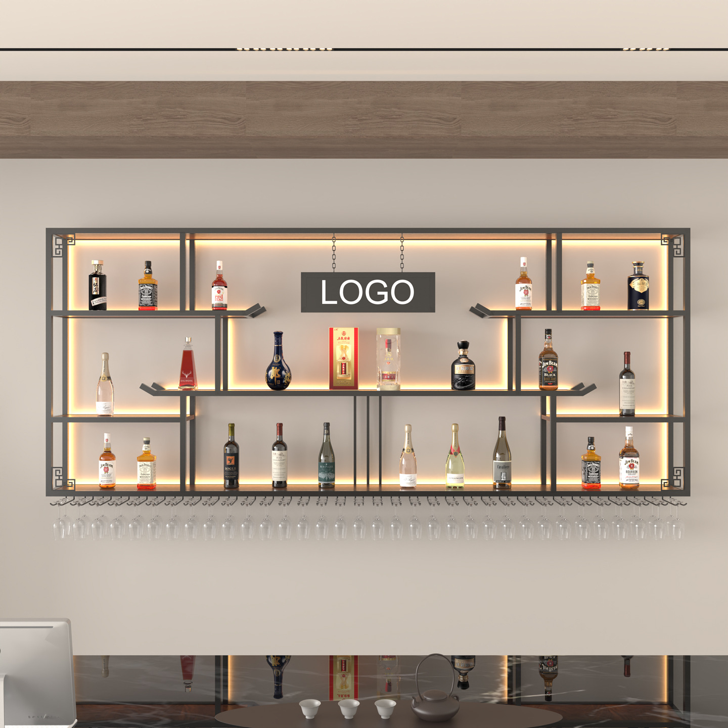 New Chinese Style Bar Wall Wine Rack Wall-Mounted Wine Cabinet Commercial Store Wall Storage Rack Bar Hanging Display Rack
