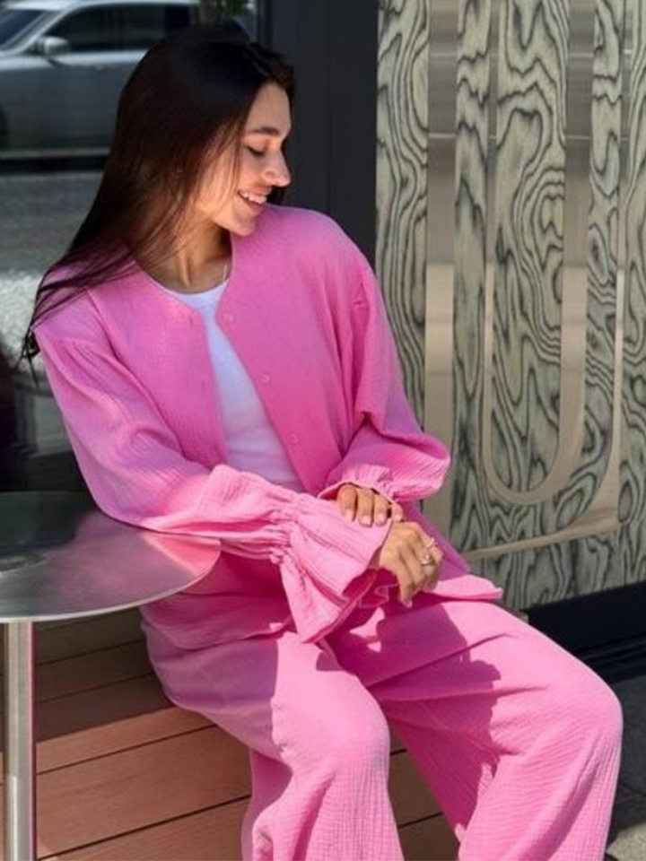 Bộ cardigan dài tay + quần ống rộng tay đèn lồng chất liệu cotton — màu hồng, màu đen, quả mơ chi tiết 7