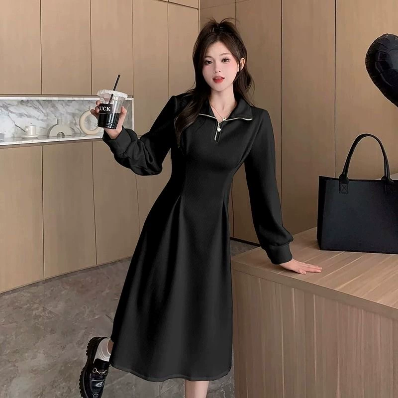 Повседневное платье-свитер с обтягивающим поясом в Корейском стиле, женское пухленькое платье больших размеров на осень и зиму, новое теплое однотонное платье на молнии с флисовой подкладкой
