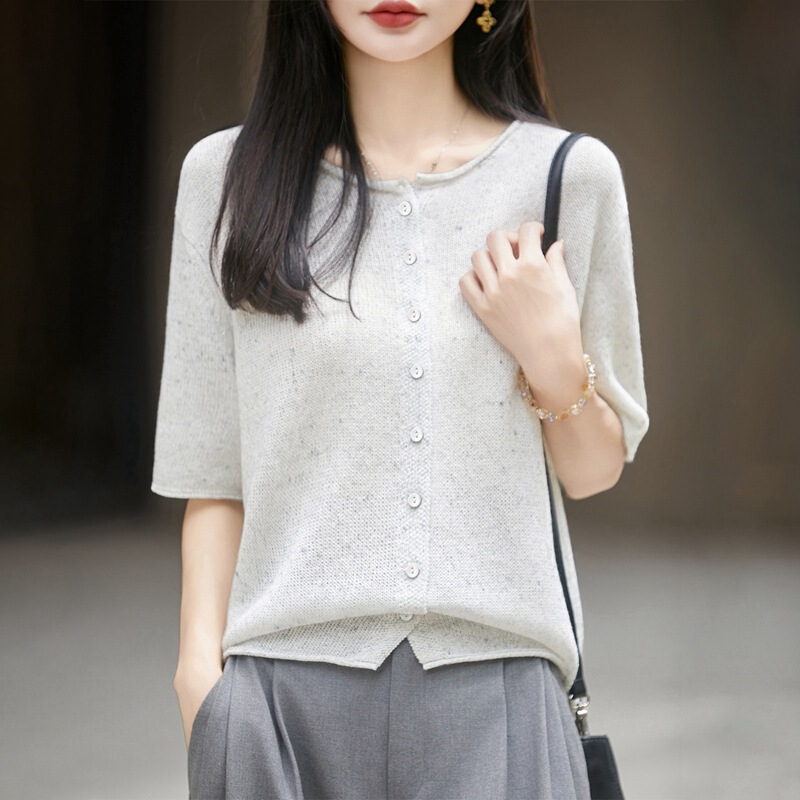French-Style Loose Rolled-Edge Knit Cardigan for Women, Short-Sleeve Round-Neck Thin Japanese Paper Yarn Loose Slimming T-Shirt Top, New Model