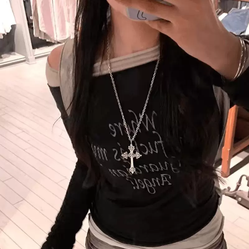 玫瑰花十字架项链个性韩版酷气bm同款银色大十字架雕花项链毛衣链