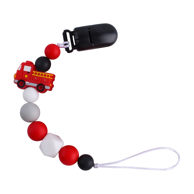 Suministros de bebé plástico clip duckbill camión bomberos juguete mordedor bebé calmante silicona chupete cadena dientes