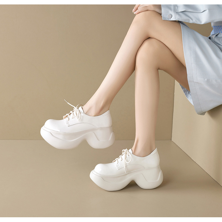 Giày loafer nữ đế xuồng platform cao 8 cm, dây buộc, da thật mùa thu 2025 — màu đen, màu trắng ngà chi tiết 12