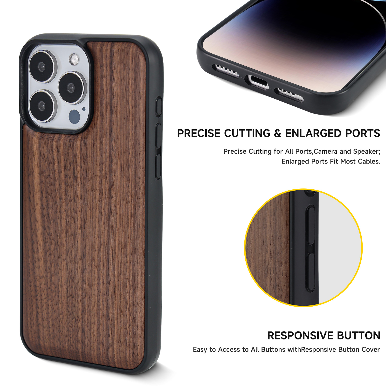 Funda de Madera para iPhone 15 Nuevo Modelo, Funda Protectora de Madera Maciza para Apple 16 Pro, Funda con Textura de Madera para 16 Pro Max.