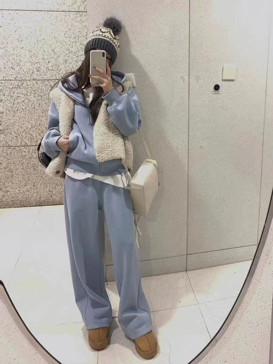 ActiveGo Lazy Style Casual Sportswear For Women, Autumn Winter Fashion, Fleece-Lined Thickened Hooded Sweatshirt And Sweatpants,_desvips.com