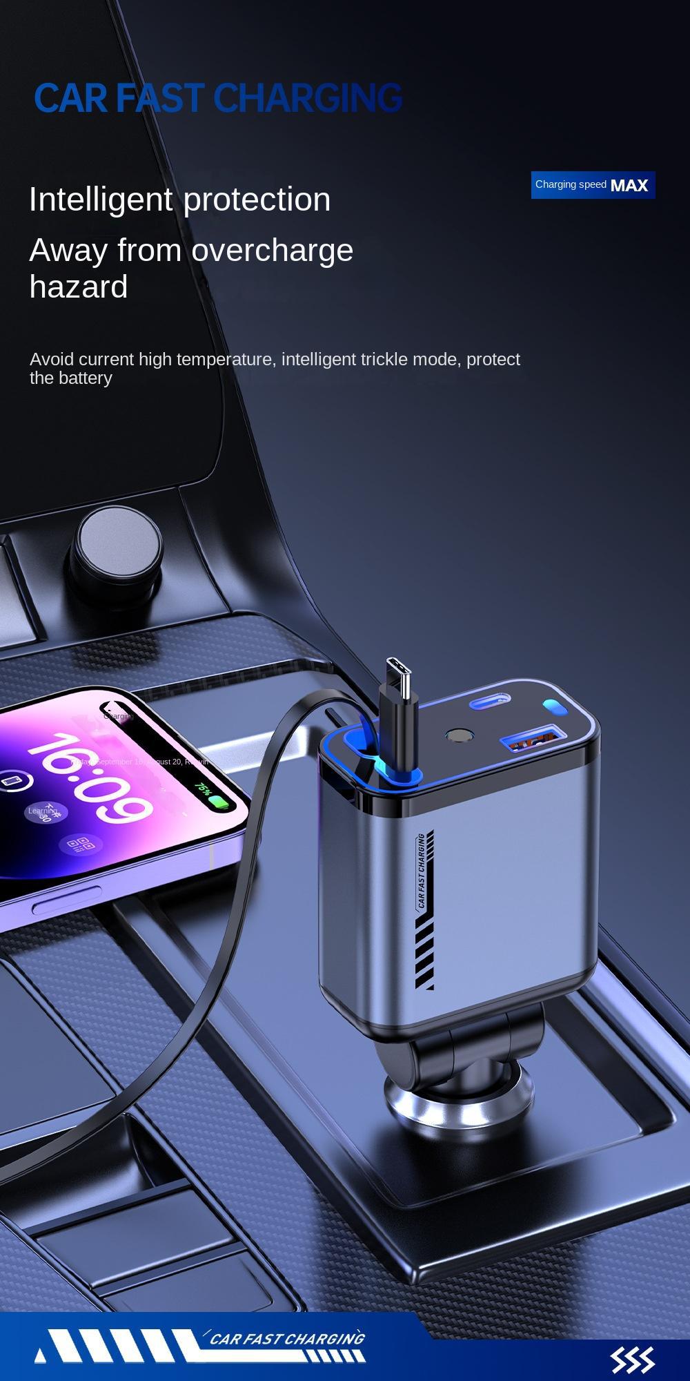 4-in-1 Car Fast Charging Charger with 80cm Cable Multifunctional Car Power Adapter