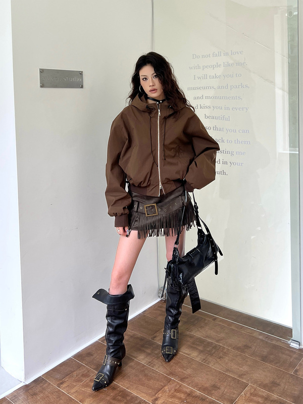 秋季立领连帽短款夹克蝙蝠袖潮流辣妹运动拉链抽绳短外套女85203|undefined
