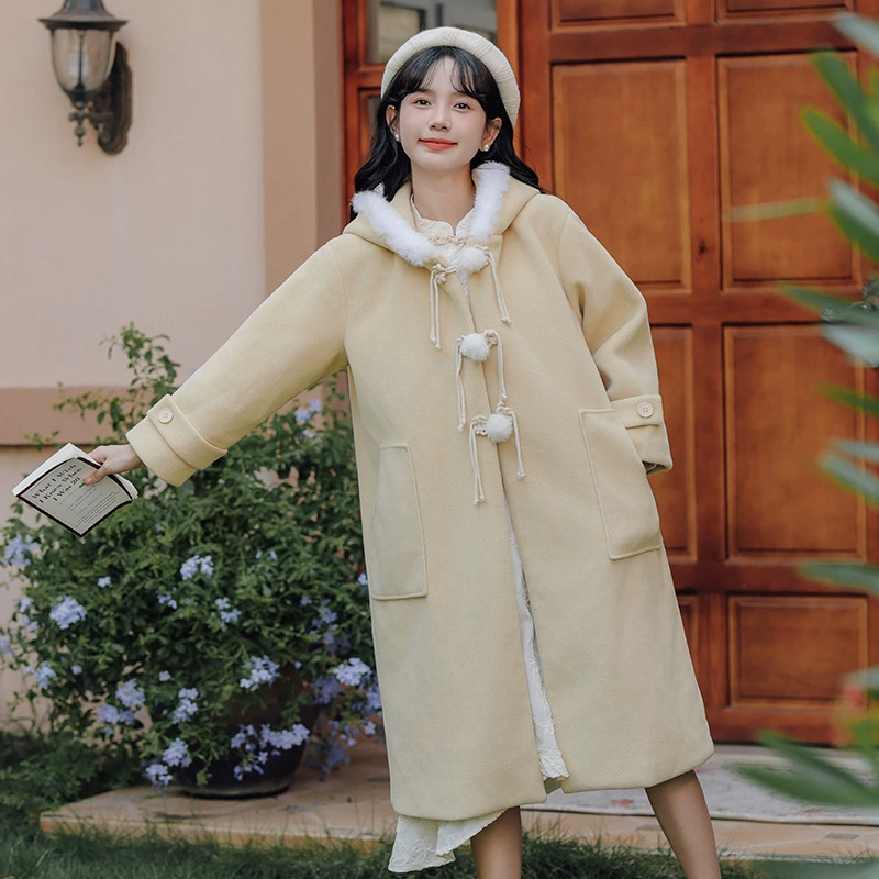 Winter cute yellow colored quilted woolen coat with hood, jacket, increased thickness