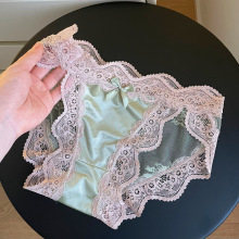 高开叉缎面性感蕾丝内裤女低腰法式纯欲透气纯棉档少女三角裤薄款