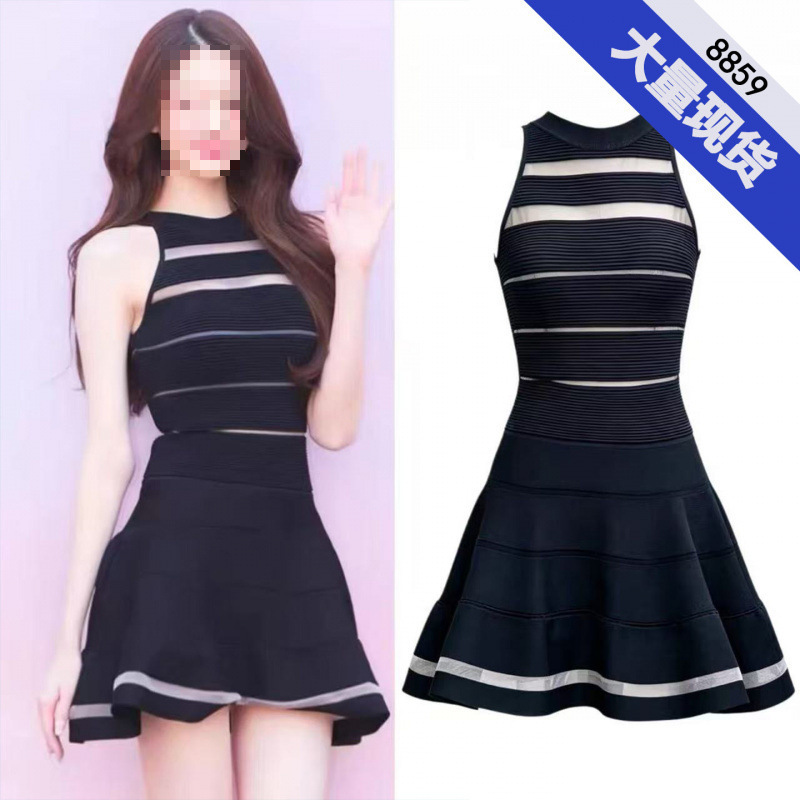 Zhang Yuanying's Same Style Mesh Patchwork Hollow-Out Black Striped Knit Dress for Women, New Summer Sleeveless Halter Neck Umbrella Dress Zhang Yuanying's Same Style Mesh Patchwork Hollow-Out Black Striped Knit Dress for Women, New Summer Sleeveless Halter Neck Umbrella Dress