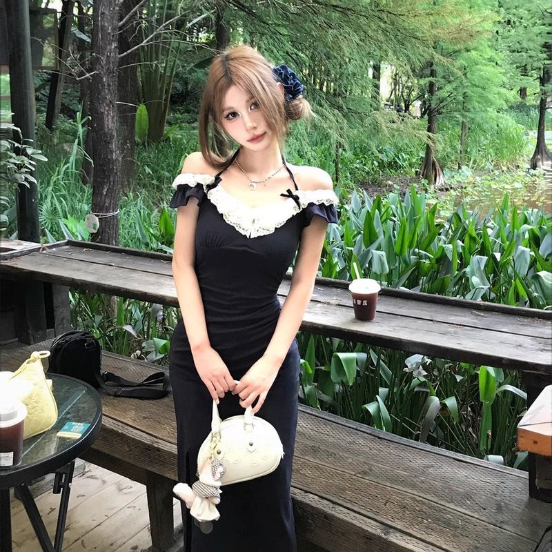 辣妹夏季开叉长裙小飞袖连衣裙纯欲风拼接挂脖蕾丝新款拼接设计感|undefined