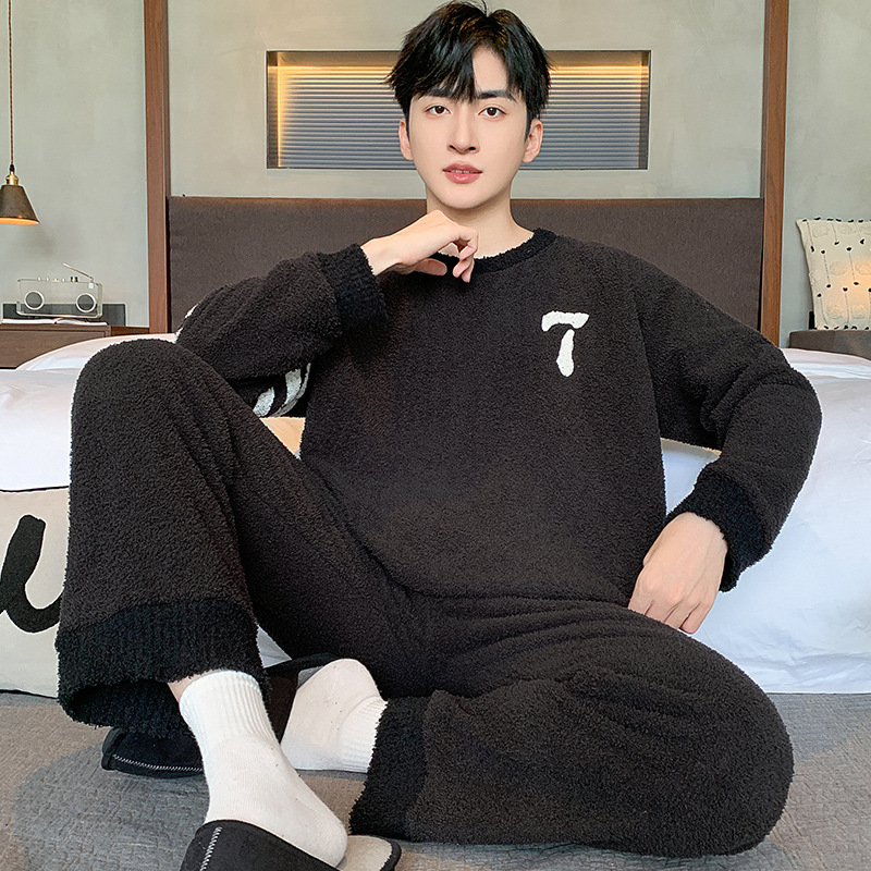 [소프트 하프 벨벳] 가을과 겨울 잠옷 남자 두꺼운 따뜻한 산호 벨벳 홈 의류 세트 제조 업체 도매